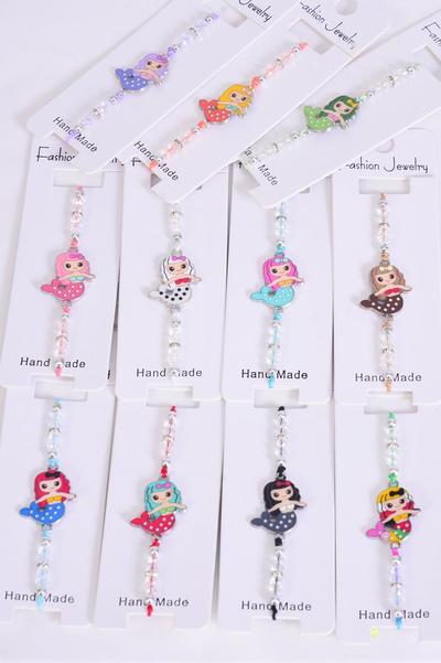 Bracelet Mermaid Enamel Glass Crystal Iridescent Multi / 12 pcs Bow = Dozen  match 00079 25018 Pull-String ,Adjustable , 12 Pattern Mix ,Individual Hang Tag & OPP Bag & UPC Code