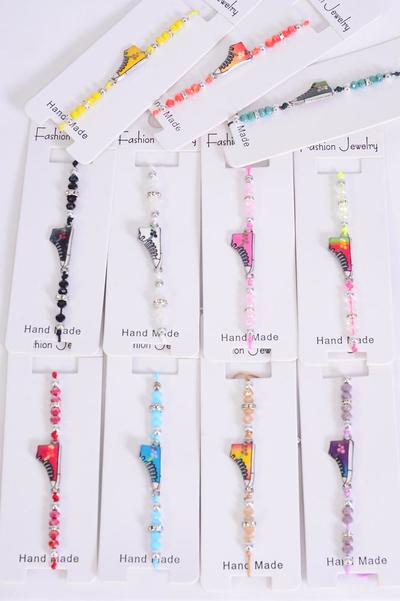 Bracelet Enamel High Top Sneakers Glass Crystals / 12 pcs = Dozen Pull-String , Adjustable , 12 Pattern Mix , Individual Hang Tag & OPP Bag & UPC Code