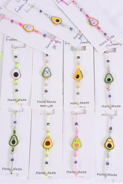 Bracelet Enamel Avocadorable Glass Crystal Iridescent Multi / 12 pcs = Dozen Pull-String , Adjustable , 12 Pattern Mix , Individual Hang Tag & OPP Bag & UPC Code