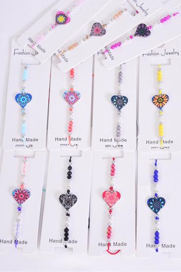 Bracelet Enamel Hearts Flower Power Multi / 12 pcs = Dozen Pull-String , Adjustable , 12 Pattern Mix , Individual Hang tag & OPP Bag & UPC Code