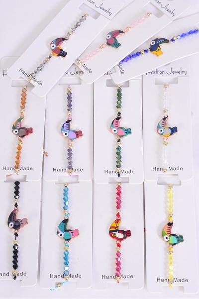 Bracelet Enamel Bird Toucan Multi / 12 pcs = Dozen Pull-String , Adjustable , 12 Pattern Mix , Individual Hang tag & OPP Bag & UPC Code