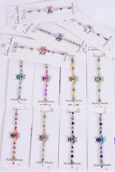 Bracelet Enamel Honey Bee Multi / 12 pcs Bow = Dozen Pull-String , Adjustable , 12 Pattern Mix , Individual Hang Tag & OPP Bag & UPC Code