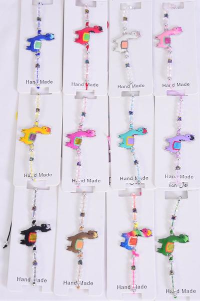 Bracelet Enamel Llama Multi / 12 pcs = Dozen Pull-String , Adjustable , 12 Pattern Mix , Individual Hang tag & OPP Bag & UPC Code