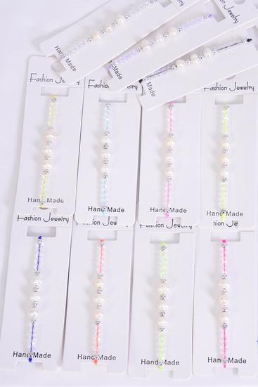 Bracelet Real Fresh Water Pearl & Glass Crystal Mix / Dozen  Pull-String , Adjustable , 12 Color Mix,Individual Hang tag & OPP Bag & UPC Code