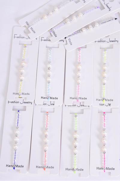 Bracelet Real Fresh Water Pearl & Glass Crystal Mix / Dozen  Pull-String , Adjustable , 12 Color Mix,Individual Hang tag & OPP Bag & UPC Code