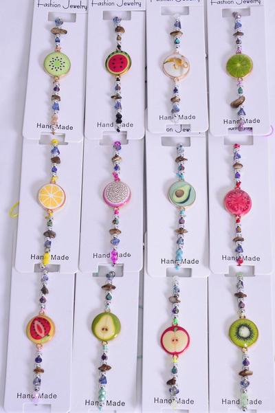 Bracelet Enamel Tropical Fruit Multi / 12 pcs Bow = Dozen Pull-String , Adjustable , 12 Pattern Mix , Individual Hang tag & OPP Bag & UPC Code