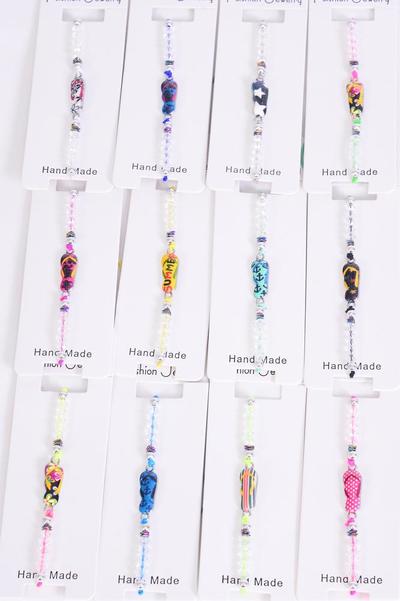 Bracelet Enamel Flip Flop Multi / 12 pcs = Dozen Pull-String , Adjustable , 12 Pattern Mix , Individual Hang tag & OPP Bag & UPC Code