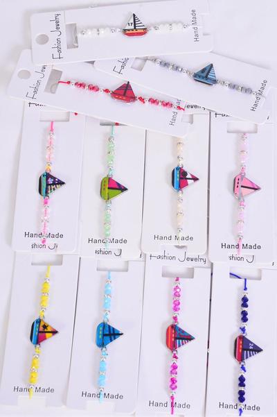 Bracelet Enamel Nautical Sail Boat Multi / 12 pcs = Dozen Pull-String , Adjustable , 12 Pattern Mix , Individual Hang tag & OPP Bag & UPC Code