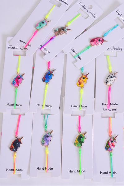 Bracelet Unicorn Gradient Tiedye Strings Multi / Dozen match 00071 Pull String , Adjustable , 12 Pattern Asst , Individual Hang tag & OPP Bag & UPC Code