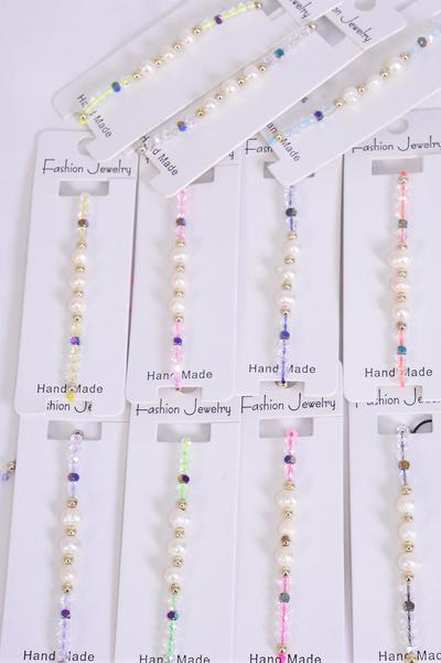 Bracelet Real Fresh Water Pearl & Glass Crystal Mix / 12 pcs = Dozen Pull-String , Adjustable ,12 Color Mix , Individual Hang tag & OPP Bag & UPC Code