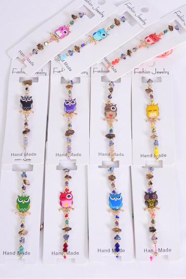 Bracelet Enamel Owl Multi / 12 pcs Bow = Dozen Pull-String , Adjustable , 12 Pattern Mix , Individual Hang tag & OPP Bag & UPC Code