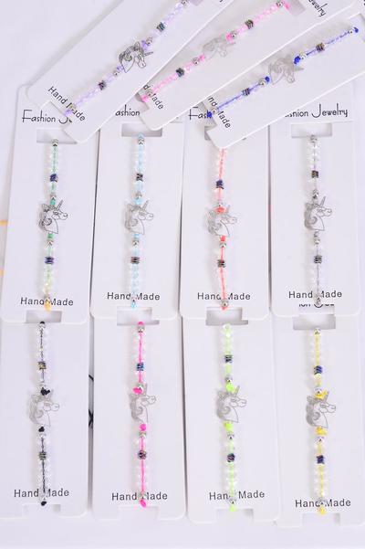 Bracelet Unicorn Silver Filigree Stainless Steel Seashell Semiprecious Stone Mix Pastel / 12 pcs  = Dozen  Pull-String , Adjustable , 12 Pattern Mix , Individual Hang tag & OPP Bag & UPC Code