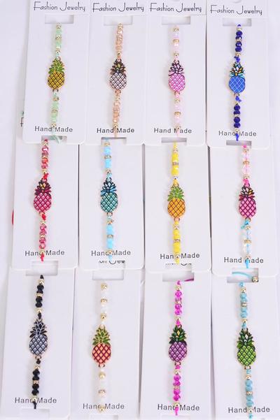 Bracelet Enamel Pineapple Multi / 12 pcs Bow = Dozen Pull-String , Adjustable , 12 Pattern Mix , Individual Hang tag and OPP Bag & UPC Code