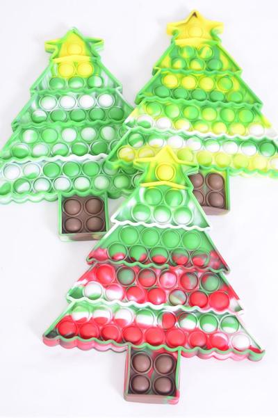 Push Pop Fidget Autism Silicone Christmas Tree / 12 pcs = Dozen Push Pop , 4 Of Each Color Asst , Individual OPP Bag