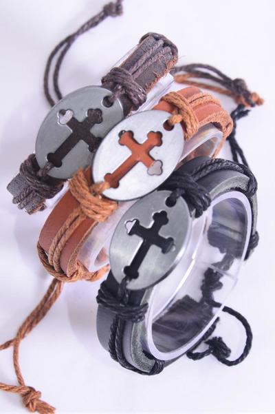 Bracelet Real Leather Band Cross / 12 pcs = Dozen Unisex , Adjustable , 4 of each Pattern Mix , Individual Hang tag & OPP Bag & UPC Code