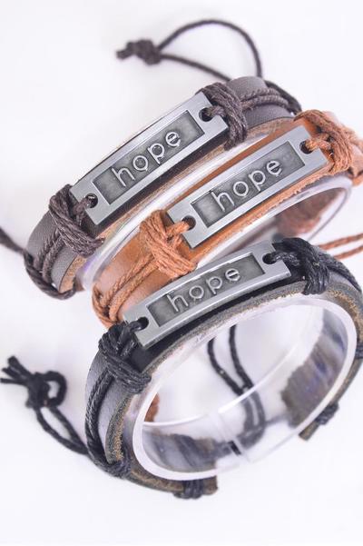 Bracelet Real Leather Band Hope / 12 pcs = Dozen  Unisex , Adjustable , 4 of each Color Mix , Individual Hang tag & OPP Bag & UPC Code