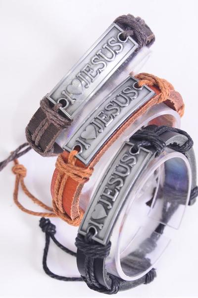 Bracelet Real Leather Band I Love Jesus Silver / 12 pcs  = Dozen  Unisex , Adjustable , 4 of each Color Mix , Individual Hang tag & OPP Bag & UPC Code