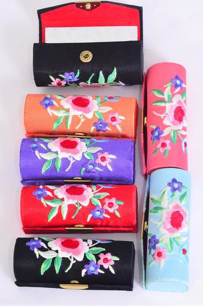 Lipstick Holder Satin Embroidery W Mirror / 12 pcs = Dozen Size-3.5"x 1.25", 2 of each Color Asst , Opp Bag & UPC Code                                                                                 -