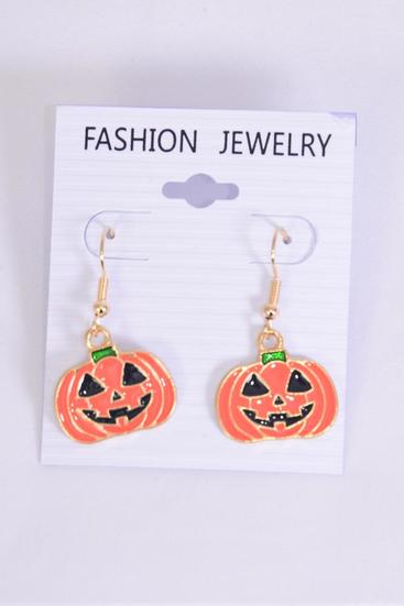 Earrings Pumpkin Enamel Halloween Semiprecious Stone/DZ Fish Hook,Size-0.75" Wide,6 Of Each Pattern Asst,Earring Card & OPP Bag & UPC Code