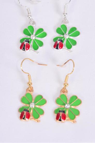 Earrings Epoxy Clover Ladybug Epoxy /  12 pair = Dozen Fish Hook , Size-0.75" Wide , 6 Gold , 6 Silver Asst , Earring Card & OPP Bag & UPC Code