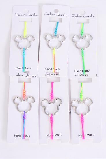 Bracelet Mouse Ear Silver Tiedye Strings Multi / 12 pcs = Dozen Face Size - 1" x 1" Wide , Pull-String , Adjustable , Individual Hang tag & OPP Bag & UPC Code