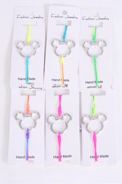 Bracelet Mouse Ear Silver Tiedye Strings Multi / 12 pcs = Dozen Face Size - 1" x 1" Wide , Pull-String , Adjustable , Individual Hang tag & OPP Bag & UPC Code