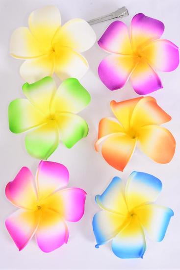 Flower Large Aloha Gradient Pastel / 12 pcs Flower = Dozen Alligator Clip , Flower - 3.5" Wide , 2 Fuchsia , 2 Blue , 2 Purple , 2 Beige , 2 Orange , 2 Lime Mix , Display Card & UPC Code , W Clear Box