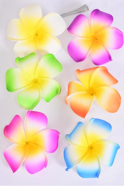 Flower Large Aloha Gradient Pastel / 12 pcs Flower = Dozen Alligator Clip , Flower - 3.5" Wide , 2 Fuchsia , 2 Blue , 2 Purple , 2 Beige , 2 Orange , 2 Lime Mix , Display Card & UPC Code , W Clear Box