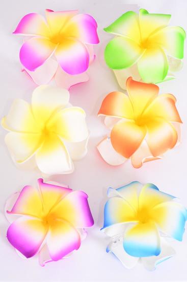 Flower Jaw Clip Large Aloha Multi / 12 pcs = Dozen Pastel , Flower Size - 4" Wide , 2 of each Color Asst , Hang Tag and UPC Code , Clear Box