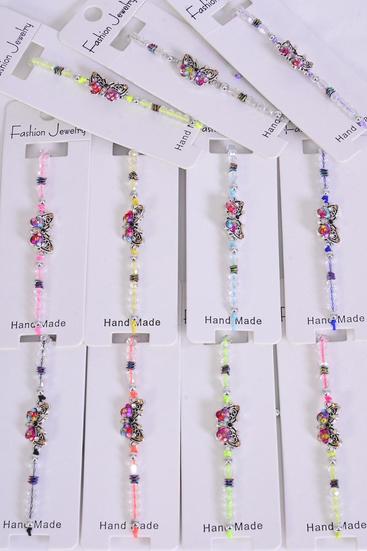 Bracelet Enamel Butterfly Multi / 12 pcs = Dozen Pull-String , Adjustable , 12 Pattern Mix , Individual Hang Tag & OPP Bag & UPC Code