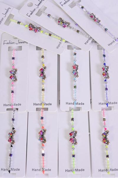 Bracelet Enamel Butterfly Multi / 12 pcs = Dozen Pull-String , Adjustable , 12 Pattern Mix , Individual Hang Tag & OPP Bag & UPC Code