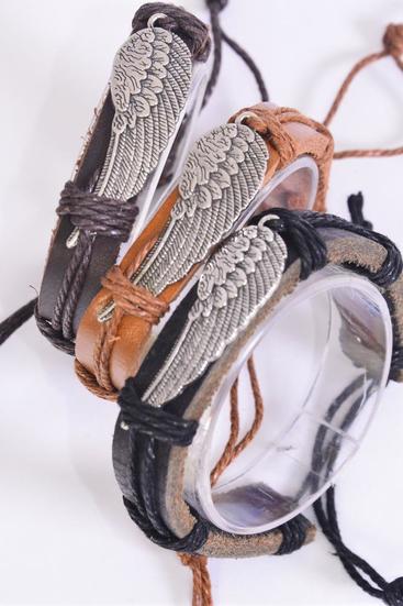 Bracelet Real Leather Band Wing Adjustable / 12 pcs = Dozen Unisex , Adjustable , 4 of each Color Mix , Hang tag & OPP Bag & UPC Code