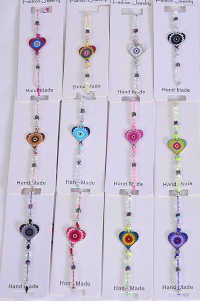 Bracelet Enamel Heart Aztec Glass Crystals / 12 pcs = Dozen  match 01000 Pull-String , Adjustable12 Pattern Mix , Individual Hang Tag & OPP Bag & UPC Code