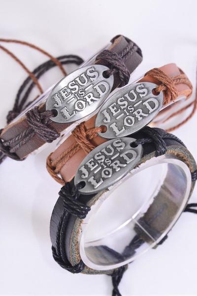 Bracelet Real Leather Band Jesus Is Lord / 12 pcs = Dozen   Unisex , Adjustable , 4 of each Color Mix , Individual Hang tag & OPP Bag & UPC Code