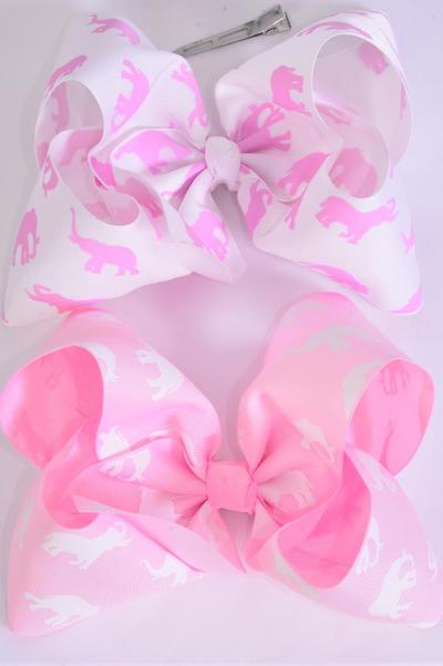 Hair Bow Extra Jumbo Cheer Type Bow Pink White Elephants Grosgrain Bow-tie / 12 pcs Bow = Dozen Alligator Clip , Size - 8" x 7" Wide , 6 of Each Pattern Asst , Clip Strip & UPC Code