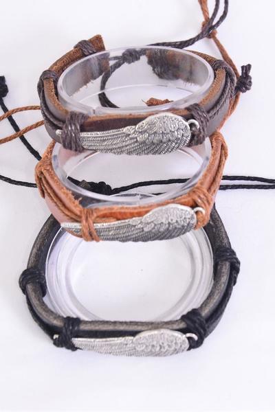 Bracelet Real Leather Band Wing Adjustable / 12 pcs = Dozen Unisex , Adjustable , 4 of each Color Mix , Hang tag & OPP Bag & UPC Code