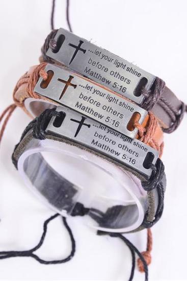 Bracelet Real Leather Band let your light shine before others/DZ **Unisex** Adjustable,4 of each Color Mix,Individual Hang tag & OPP Bag & UPC Code