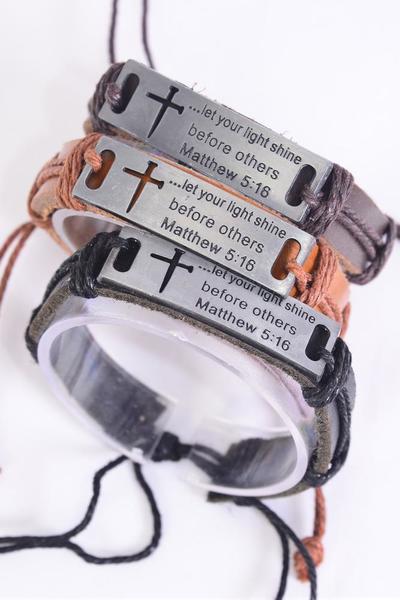 Bracelet Real Leather Band Bible Verse let your light shine before others / 12 pcs = Dozen Unisex , Adjustable , 4 of each Color Mix , Individual Hang tag & OPP Bag & UPC Code