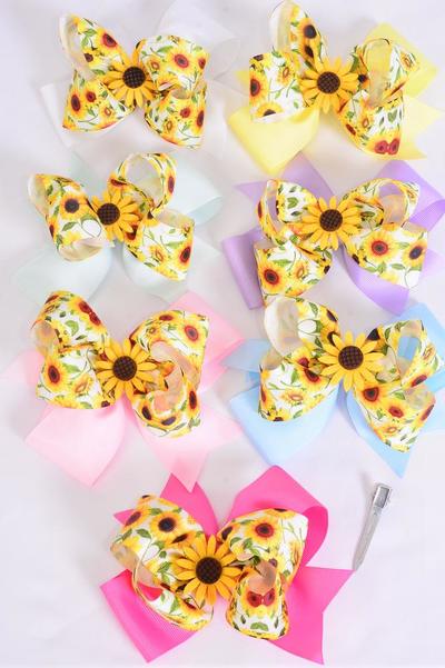 Hair Bow Jumbo Double Layered Sunflower Charm Grosgrain Bow-tie Pastel / 12 pcs Bow = Dozen  Alligator Clip , Size - 6" x 5" Wide , 2 White , 2 Baby Pink , 2 Hot Pink , 2 Lavender , 2 Mint , 1 Yellow ,1 Blue Color Asst , Clip Strip UPC Code