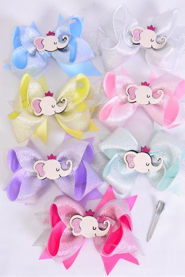Hair Bow Jumbo Double Layered Metallic Elephant Grosgrain Bow-tie Pastel / 12 pcs Bow = Dozen Alligator Clip , Size - 6" x 5" , 2 White , 2 Pink , 1 Blue , 1 Yellow , 2 Lavender , 2 Hot Pink , 2 Mint Color Asst , Clip Strip & UPC Code