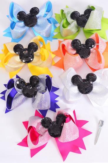 Hair Bow Jumbo Double Layered Center Flip Sequins Mouse Ear Charm Citrus Grosgrain Bow-tie / DZ  Size-6"x 5" Wide,Alligator Clip,2 Fuchsia,2 Turquoise,2 White,2 Purple,2 Yellow,1 Orange,1 Lime,7 Color Asst,Clip Strip & UPC Code