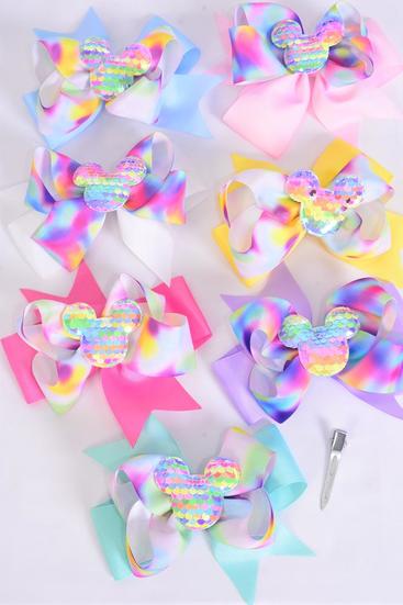 Hair Bow Jumbo Double Layered Center Mouse Ear Charm Pastel Grosgrain Bow-tie / DZ Size-6"x 5", Alligator Clip ,2 White,2 Pearl Pink,2 Lavender,2 Blue,2 Yellow,1 Hot Pink,1 Mint Green,7 Color Asst,Clip Strip & UPC Code 86703