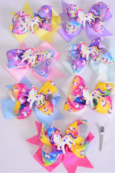 Hair Bow Jumbo Double Layered Unicorn Charm Grosgrain Bow-tie Pastel / 12 pcs Bow = Dozen Alligator Clip , Size - 6" x 5" Wide , 2 White , 2 Baby Pink , 2 Lavender , 2 Hot Pink , 2 Mint , 1 Blue , 1 Yellow Color Asst , Clip Strip & UPC Code
