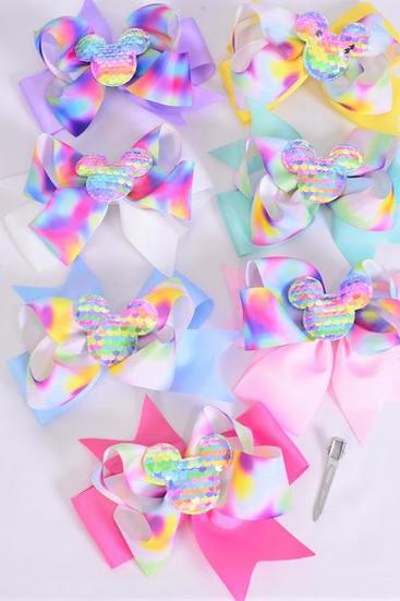 Hair Bow Jumbo Double Layered Center Mouse Ear Charm Pastel Grosgrain Bow-tie/DZ Pastel,Size-6"x 5",Alligator Clip,2 White,2 Pearl Pink,2 Lavender,2 Blue,2 Yellow,1 Hot Pink,1 Mint Green,7 Color Asst,Clip Strip & UPC Code 86703