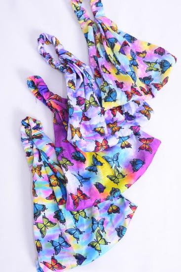 Headband Turban Wide Cotton Stretch Tiedye Butterfleys / 12 pcs = Dozen Stretch , Wedth - 8.5" , 3 of each Pattern Mix , Individual Hang Tag & OPP Bag & UPC Code