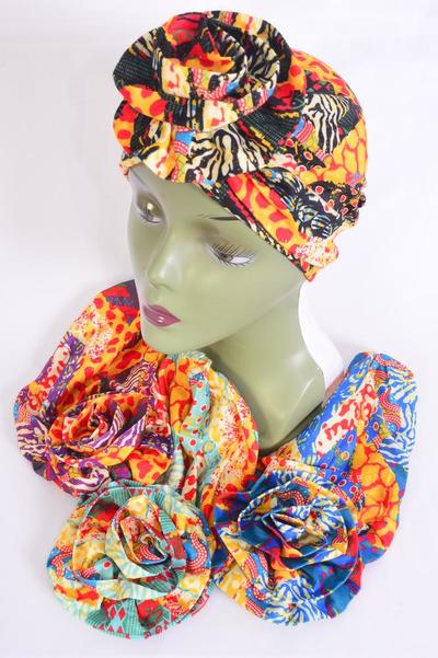 Turban Headwrap Cotton Stretch Ethnic / 12 pcs = Dozen Multi , 3 Of each Pattern Asst , Wrinkle Free , Super Comfort , Hang Tag & UPC Code