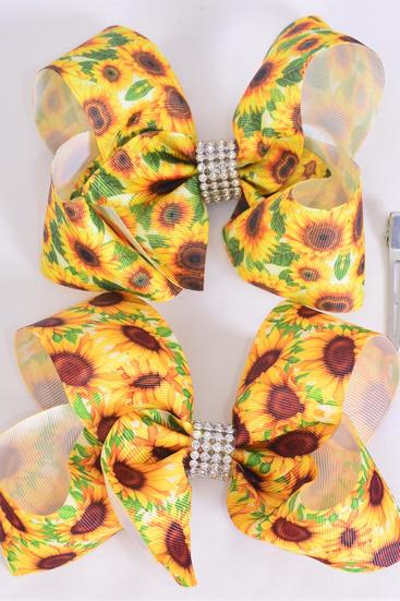 Hair Bow Jumbo Sunflowers Grosgrain Bow-tie/DZ **Alligator Clip** Size-6"x 5" Wide,6 Of Each Pattern Asst,Clip Strip & UPC Code