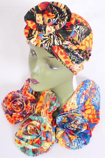 Turban Headwrap Cotton Stretch Ethnic / 12 pcs = Dozen Multi , 3 Of each Pattern Asst , Wrinkle Free , Super Comfort , Hang Tag & UPC Code