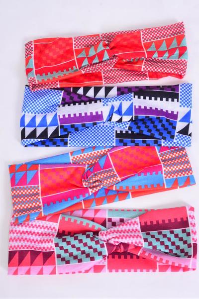 Headband Twisted Knot Cotton Stretch Aztec / 12 pcs = Dozen Stretch , Weith - 2.5" Wide , 3  of each Pattern Asst , Hang Tag & OPP Bag & UPC Code
