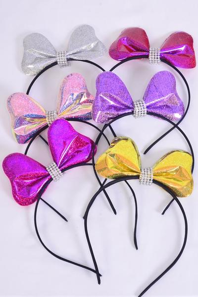 Headband Horseshoe Metallic Bow-tie Multi / 12 pcs = Dozen Bow - 5" x 4" Wide , 2 of each Color Asst , OPP Bag & UPC Code
